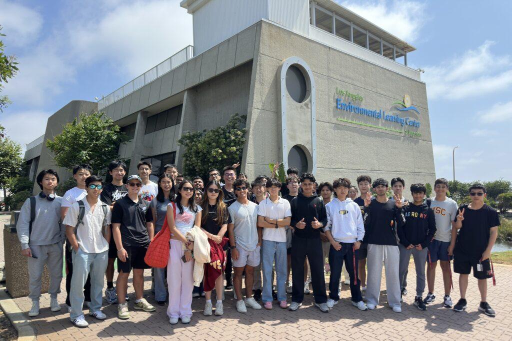 USC Summer Programs class stand and smile for group photo in front of the Los Angeles Environmental Learning Center.