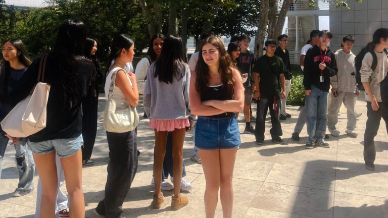 Students stand and talk in small groups outdoors on a sunny day.