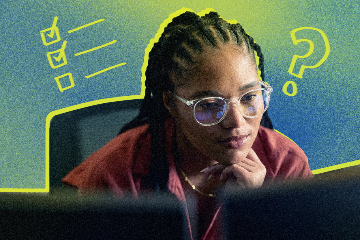 Graphic] A woman with braided hair, clear-framed glasses and a red shirt rests her chin on her hands while looking at a computer screen. A textured blue and green background features bright yellow outlines, a checklist with two checked boxes and a large question mark.