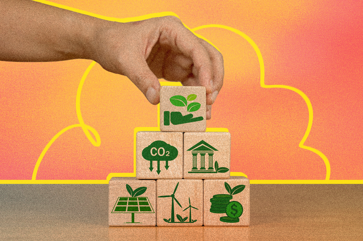 [Graphic] A hand places a wooden block atop a pyramid of six blocks featuring green sustainability symbols, including a growing plant, carbon reduction, a building, solar panels, wind turbines and coins. A textured pink and orange gradient background features bright yellow outlines and looping lines.