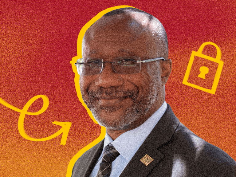 [Graphic] A smiling man with a bald head, gray beard and glasses wears a dark suit jacket, light blue shirt and striped tie. A textured red and orange background features a bright yellow outline around the man, a looping arrow and a padlock icon.