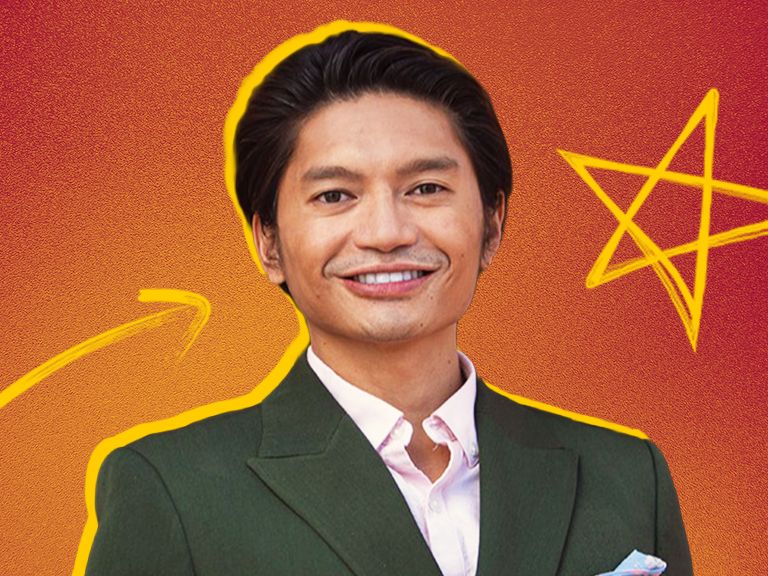 [Graphic] A smiling man with dark, swept-back hair wears a dark green suit jacket over a light pink collared shirt. A textured red and orange background features a bright yellow outline around the man, a curved arrow pointing upward and a hand-drawn star.