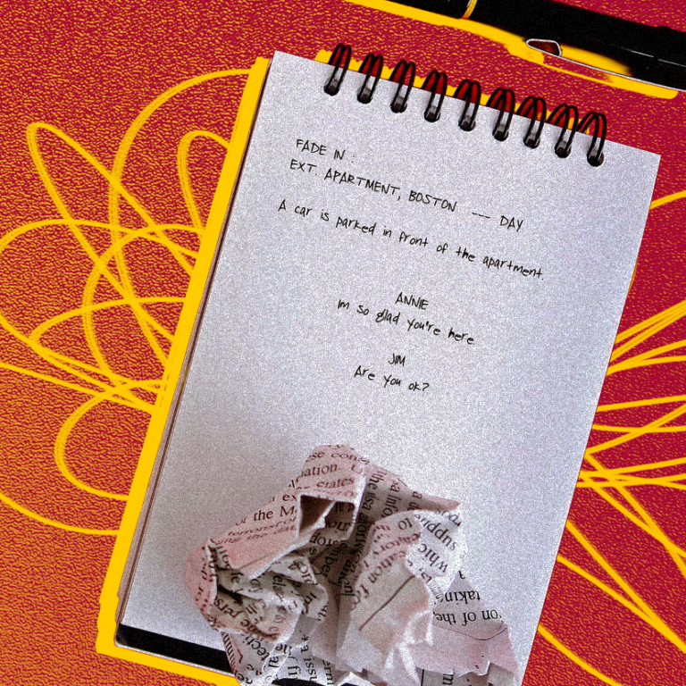 [Graphic] A spiral-bound notebook displays a handwritten screenplay excerpt beginning with “FADE IN” and a scene set outside an apartment in Boston, followed by dialogue between Annie and Jim. A crumpled piece of printed paper rests on the notebook against a textured red and orange background with bright yellow scribbles and a black pen near the top.