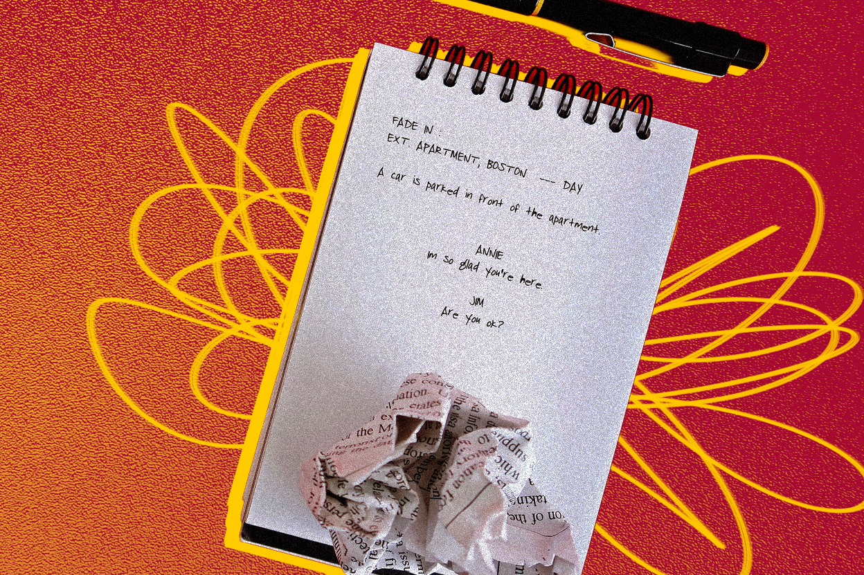 [Graphic] A spiral-bound notebook displays a handwritten screenplay excerpt beginning with “FADE IN” and a scene set outside an apartment in Boston, followed by dialogue between Annie and Jim. A crumpled piece of printed paper rests on the notebook against a textured red and orange background with bright yellow scribbles and a black pen near the top.