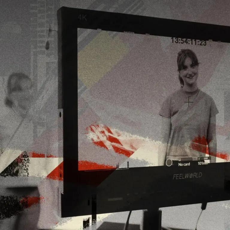 Artistic composite image showing a film monitor displaying an actor on screen, representing USC Pre-College online course “The Art of Auditioning: Acting Techniques for Stage and Screen,” where students learn professional audition and performance skills at their own pace.
