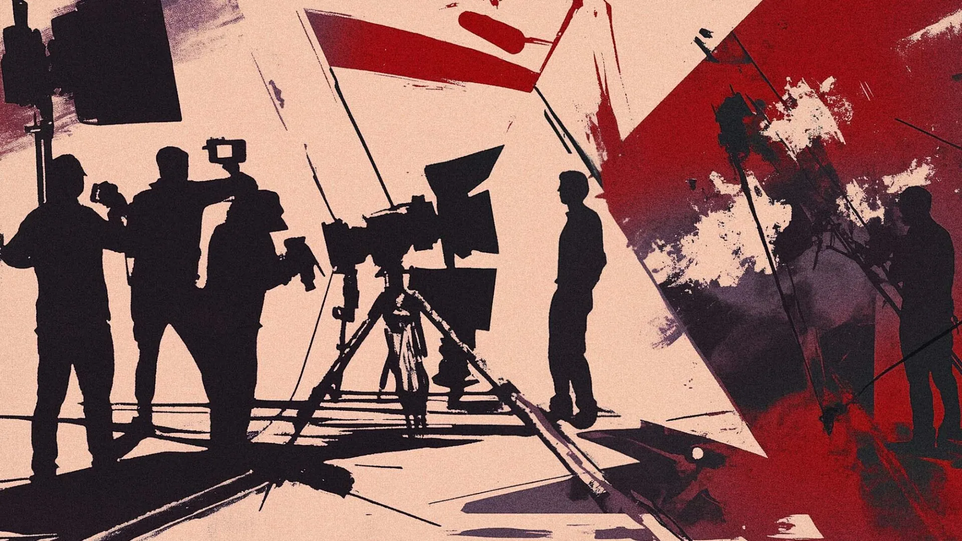 Artistic illustration of filmmakers and crew members setting up cameras and lighting on a film set, representing the USC Pre-College online course “Directing: Creating Your Short Film,” where students learn filmmaking fundamentals and earn a Certificate of Completion.