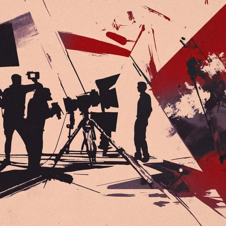 Artistic illustration of filmmakers and crew members setting up cameras and lighting on a film set, representing the USC Pre-College online course “Directing: Creating Your Short Film,” where students learn filmmaking fundamentals and earn a Certificate of Completion.
