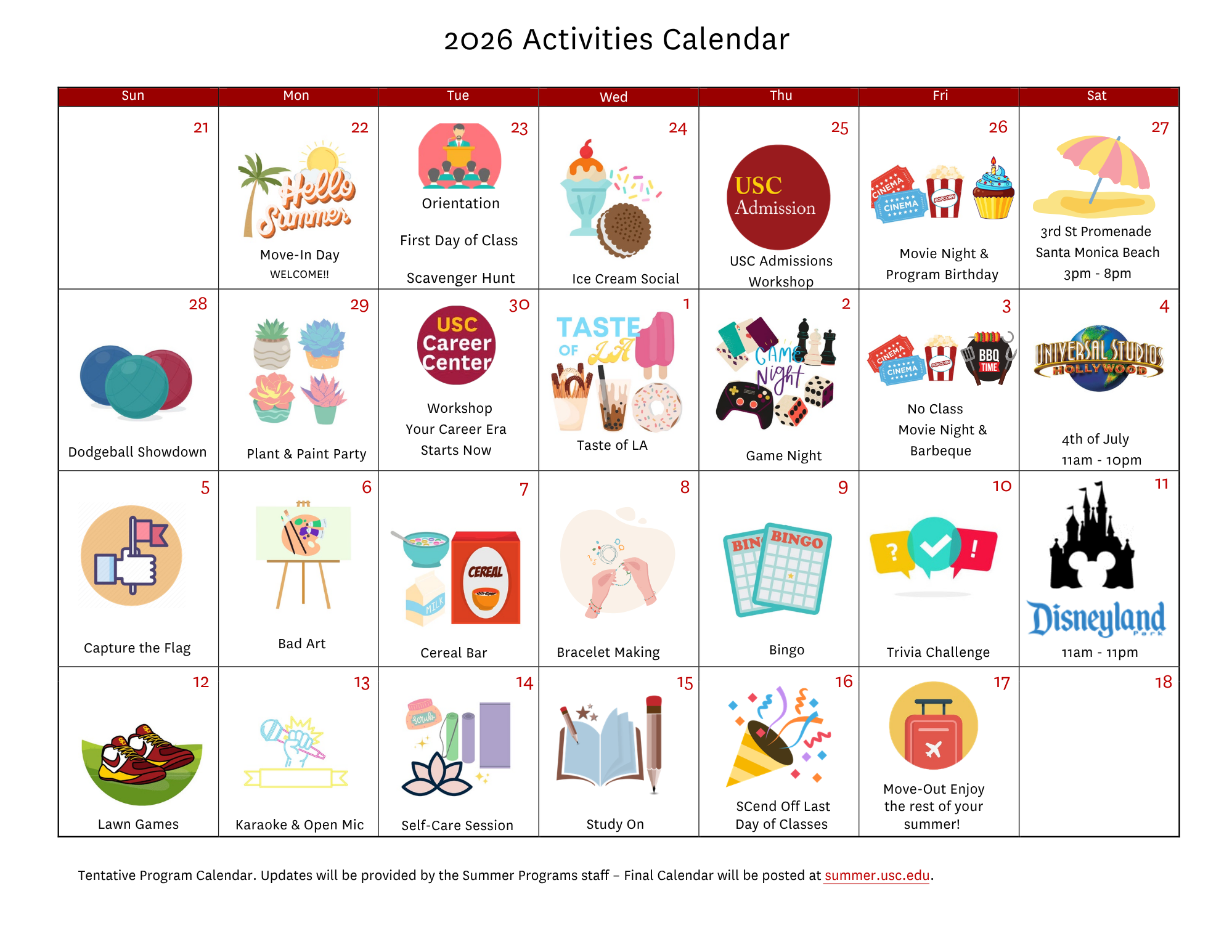 USC Summer Program Activity Calendar 2026