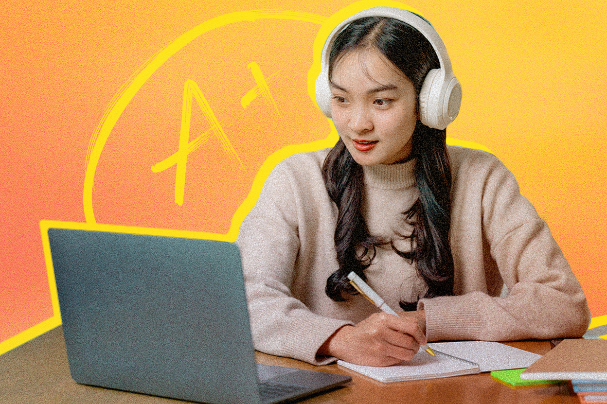 [Graphic] A woman with long dark hair wears white over-ear headphones and a beige sweater while writing in a notebook and looking at a laptop. A textured pink, orange and yellow background features a bright yellow outline around the woman and a large hand-drawn A-plus symbol.